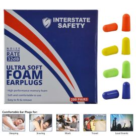 Interstate Safety 40205 Ultra-Soft Foam Earplugs, Box of 200 Pair - 32dB Highest NRR - 4 Assorted Colors