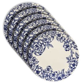 Crown Collections CC603-106 10 Inch Zanzibar Dinnerware Melamine Plates, Spanish Floral Design (Blue - White Floral) - 6 pcs/set
