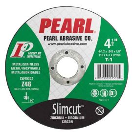 Pearl Abrasive DCW45Z 4-1/2 x .045 x 7/8 Slimcut™ Zirconia T-27 Thin Cut-Off Wheels For Metal/Stainless Steel, Z46