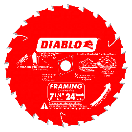 Freud D0724A 7 1/4 Inch Diameter, 24 Tooth 5/8 Inch Arbor Diablo Framing Blade w/ Carbide Tips